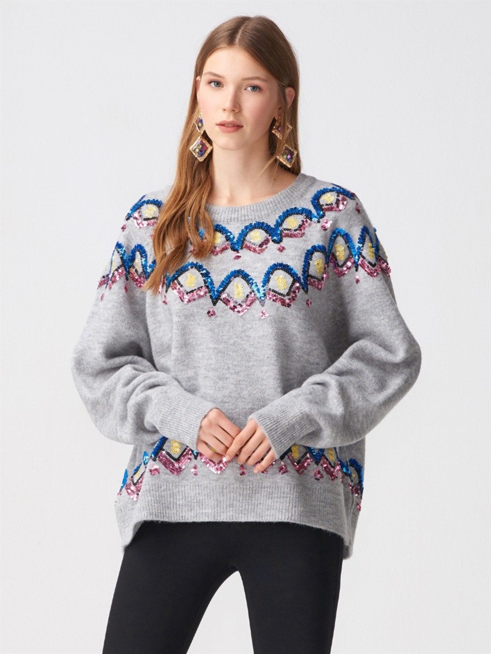 Zara Wool Blend Sequin Embellished Sweater Soft Knit Statement Women Size M